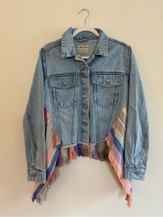 Free People Jackets & Blazers - Free People Light Wash Denim Jacket with Pastel Fringe Panels